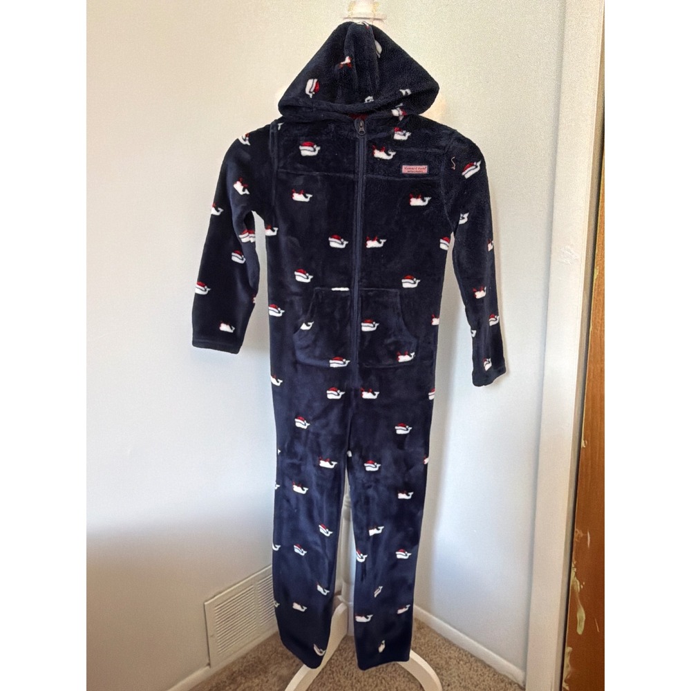 Vineyard Vines Kids Navy Fleece Holiday Whale Hooded Union Suit Pajamas S 8-10